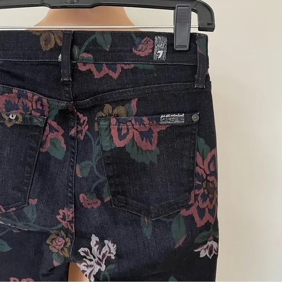 7 FOR ALL MANKIND Black Noir Roxanne Floral Print Raw-Hem Skinny Jeans EUC Sz 26