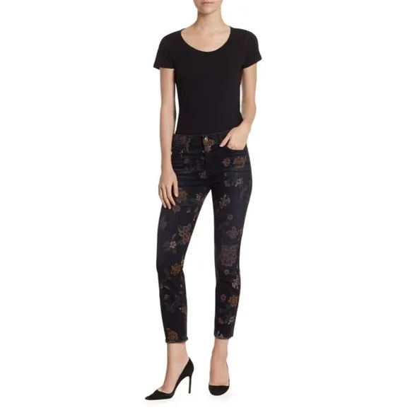 7 FOR ALL MANKIND Black Noir Roxanne Floral Print Raw-Hem Skinny Jeans EUC Sz 26