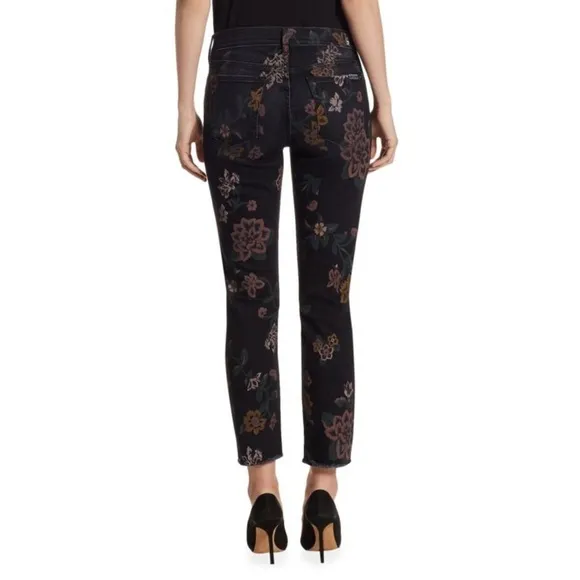 7 FOR ALL MANKIND Black Noir Roxanne Floral Print Raw-Hem Skinny Jeans EUC Sz 26