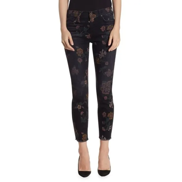 7 FOR ALL MANKIND Black Noir Roxanne Floral Print Raw-Hem Skinny Jeans EUC Sz 26