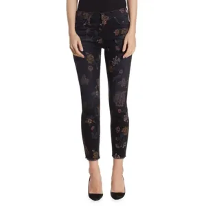 7 FOR ALL MANKIND Black Noir Roxanne Floral Print Raw-Hem Skinny Jeans EUC Sz 26