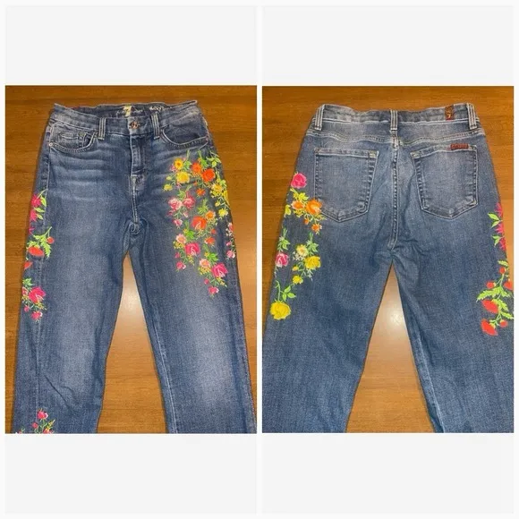 7 For All Mankind Jeans Women 26 High Waist Ankle Skinny Floral Embroidery