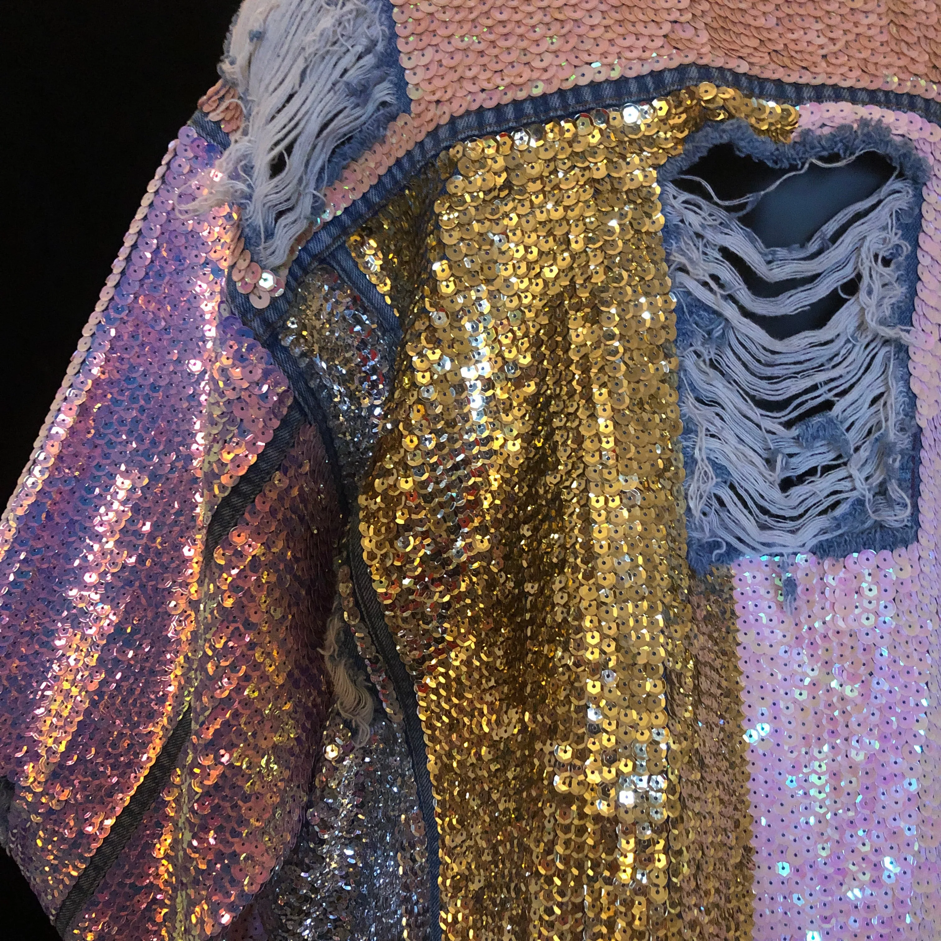 A LARGE SIZE TARMAFIA HAND SEQUINNED JACKET IN PALE COLOURS