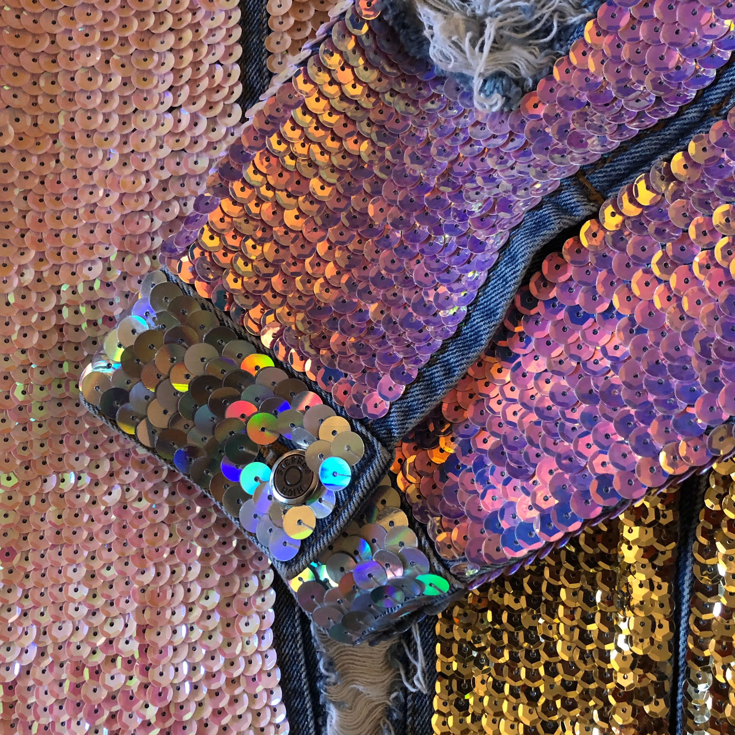 A LARGE SIZE TARMAFIA HAND SEQUINNED JACKET IN PALE COLOURS