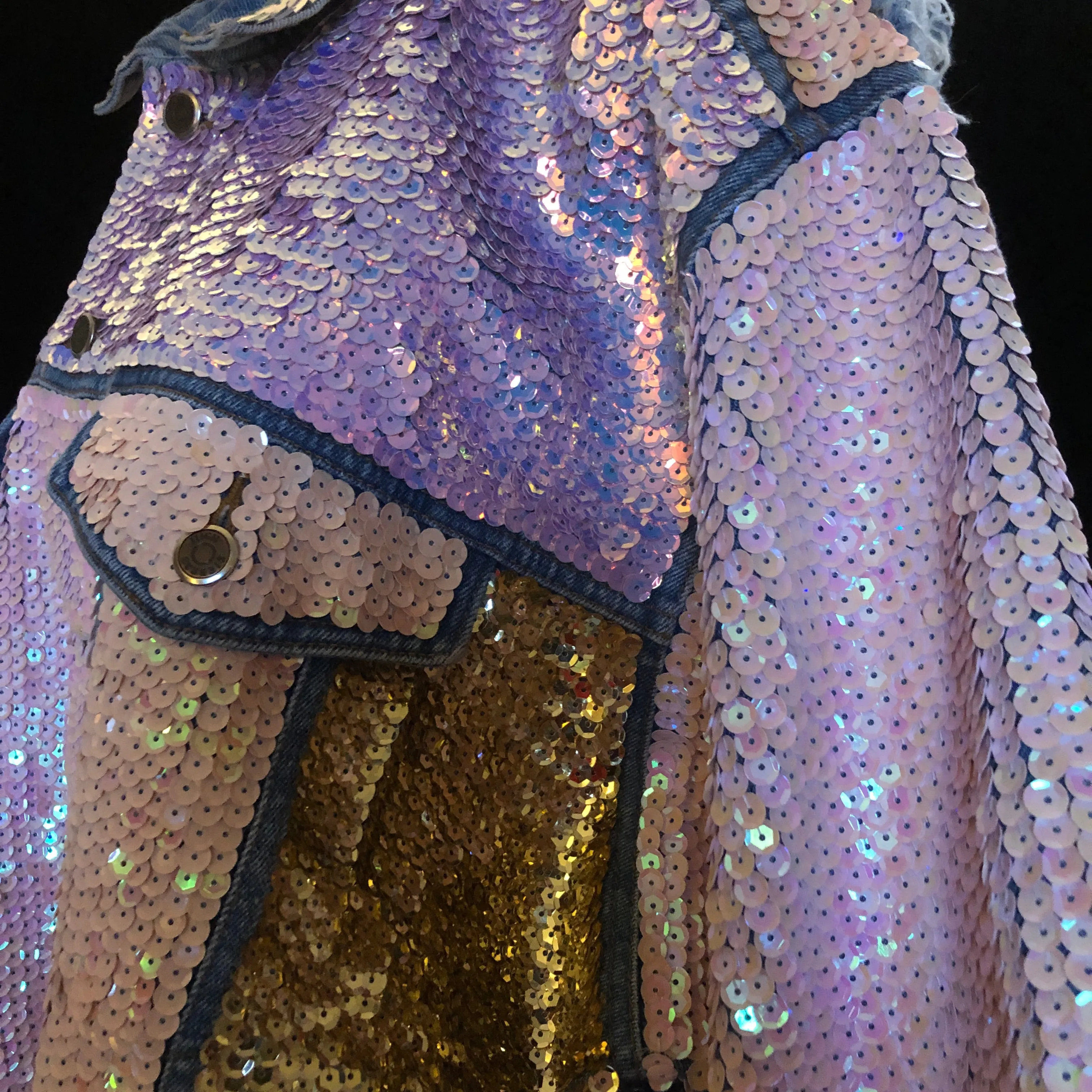 A LARGE SIZE TARMAFIA HAND SEQUINNED JACKET IN PALE COLOURS