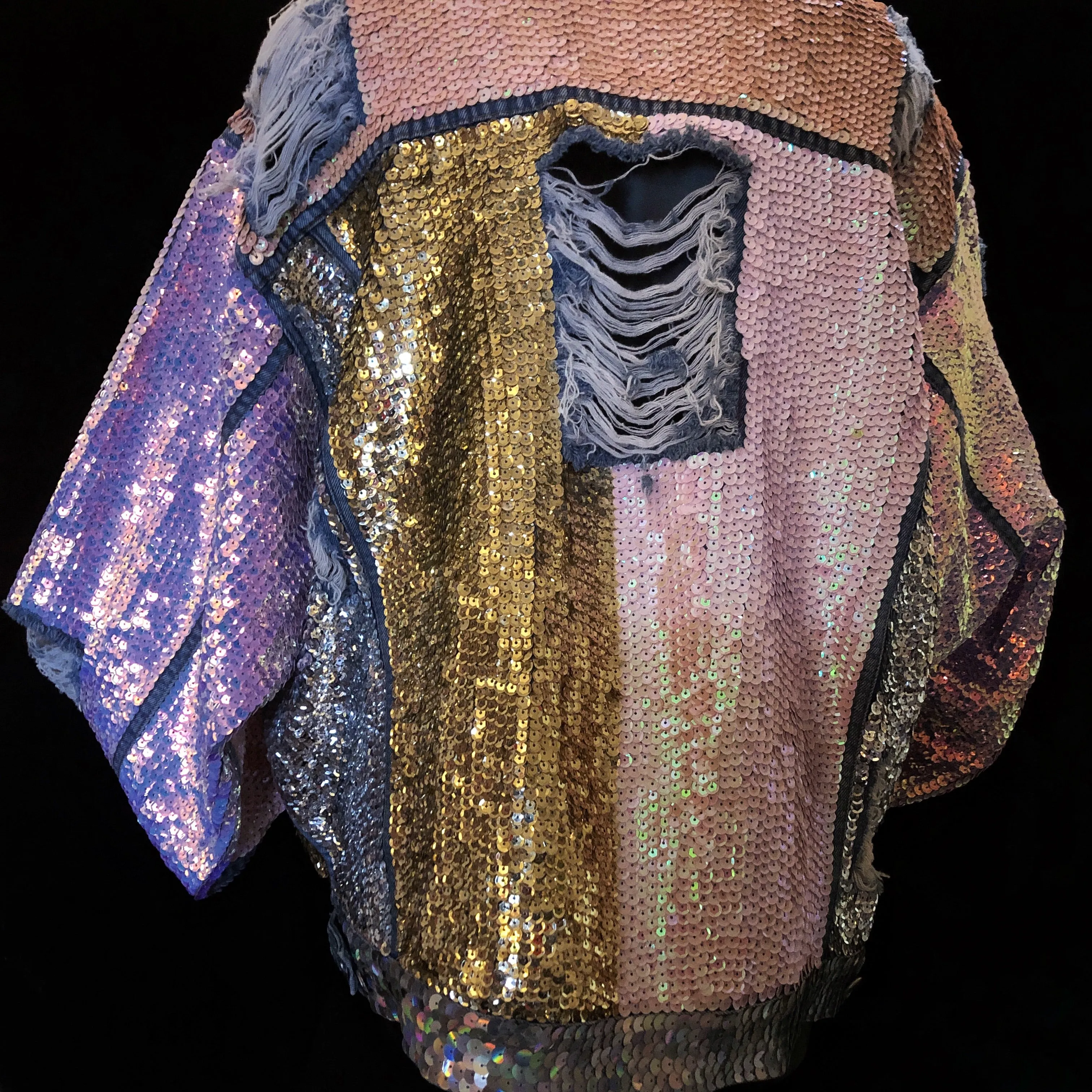 A LARGE SIZE TARMAFIA HAND SEQUINNED JACKET IN PALE COLOURS
