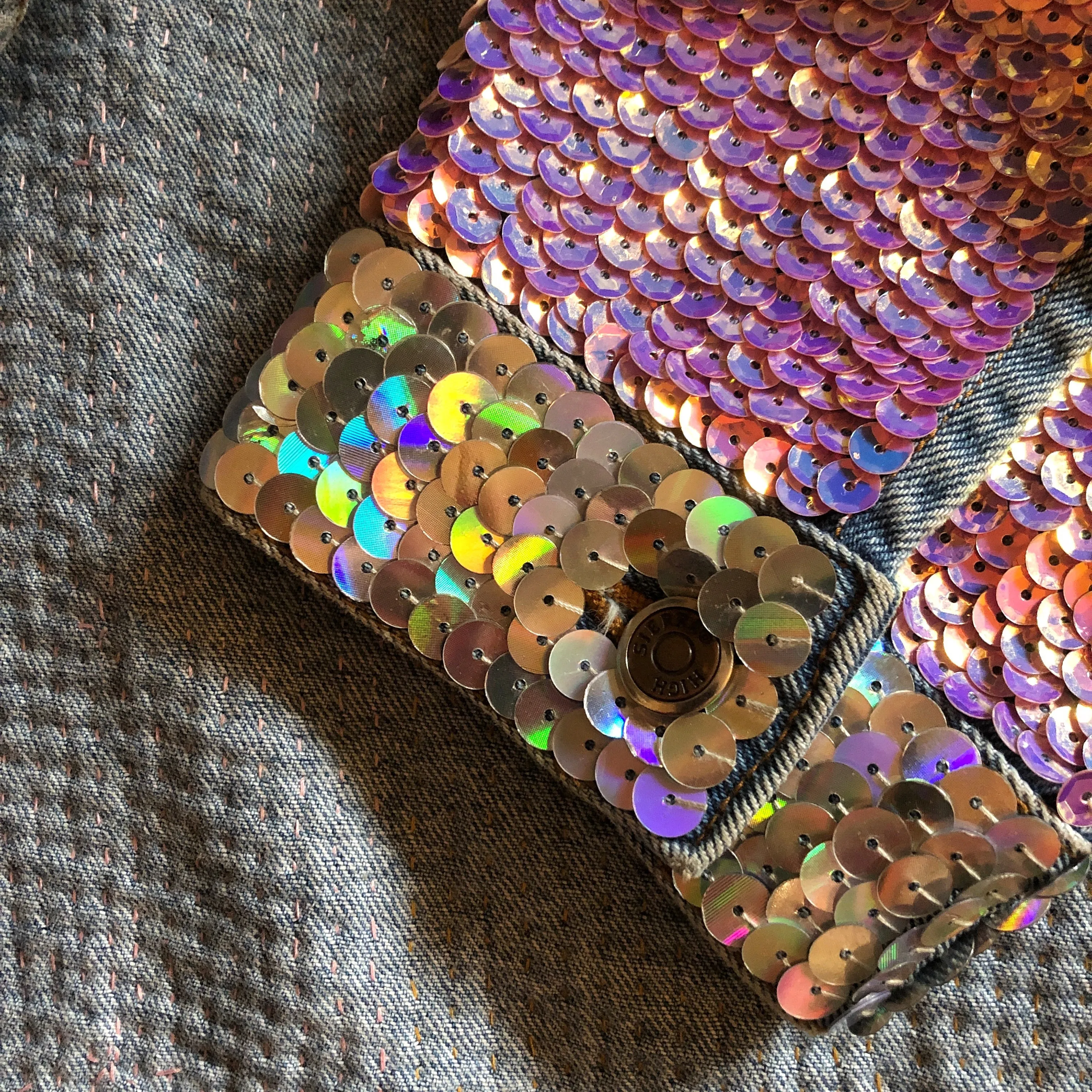 A LARGE SIZE TARMAFIA HAND SEQUINNED JACKET IN PALE COLOURS
