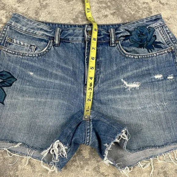 All Saints Rose Pam Shorts Cut Off Denim Jean Floral Embroidered Beachy Sz 29