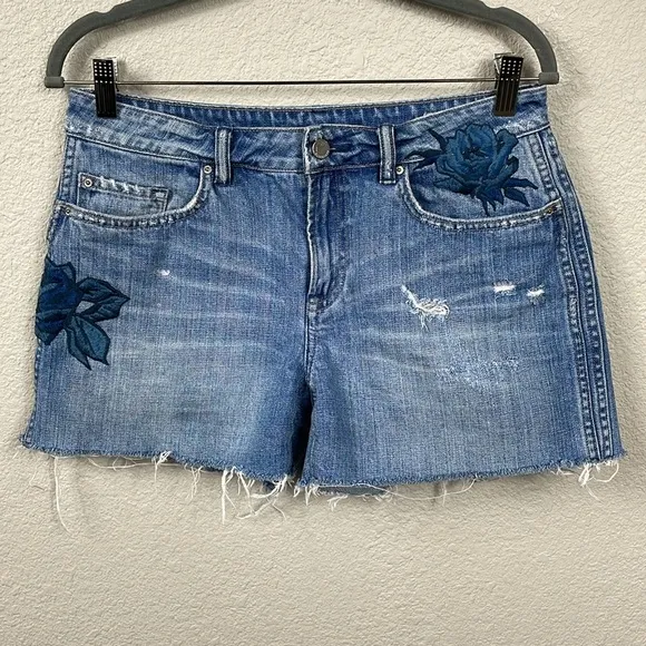 All Saints Rose Pam Shorts Cut Off Denim Jean Floral Embroidered Beachy Sz 29