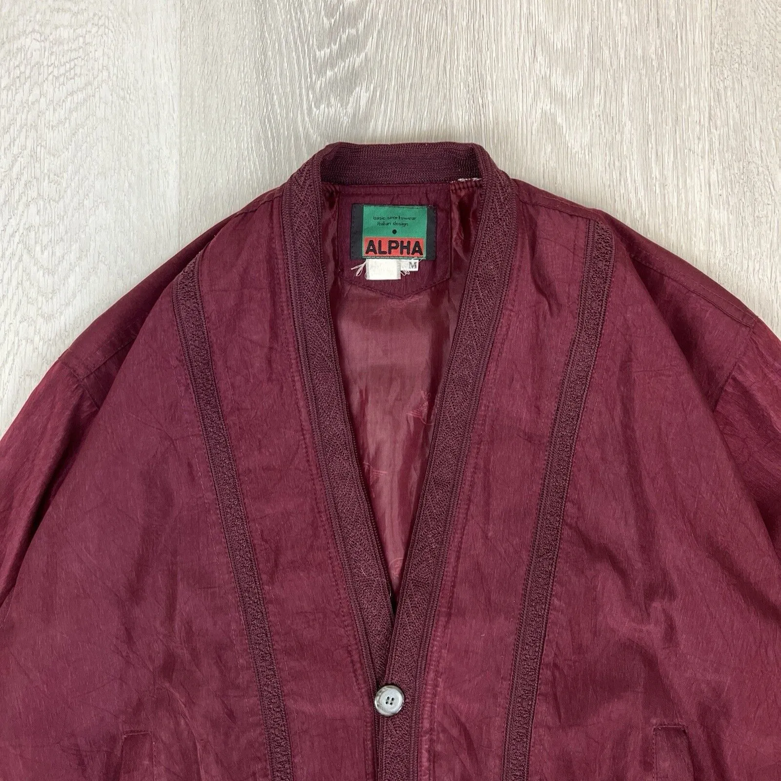 Alpha Mens Vintage Retro Maroon Button Up Bomber Jacket Size Medium
