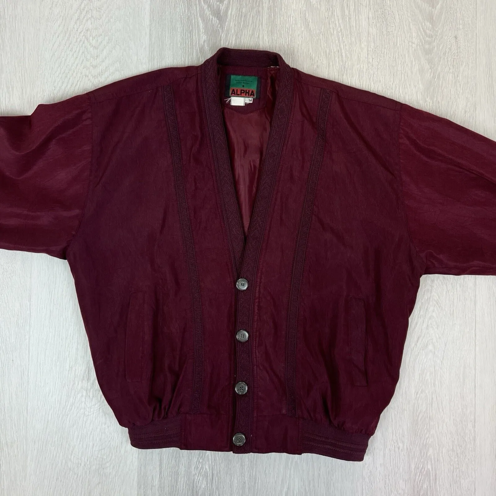 Alpha Mens Vintage Retro Maroon Button Up Bomber Jacket Size Medium