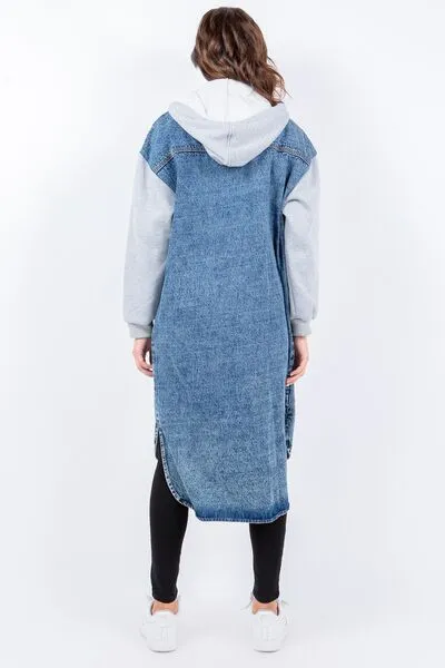 American Bazi Contrast Longline Hooded Denim Jacket
