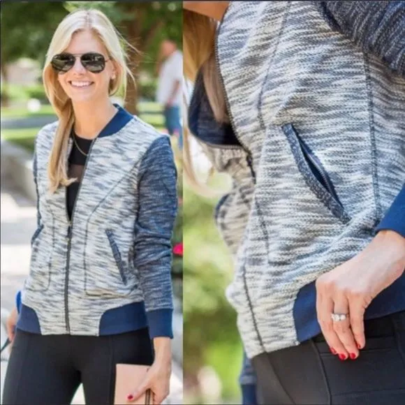 Athleta Navy Heathered Bombastic Slub Knit Bomber Size Small