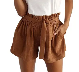 BeAvant Fashion suede brown shorts women Vintage chic elastic waist sashes shorts Casual pocket cool shorts
