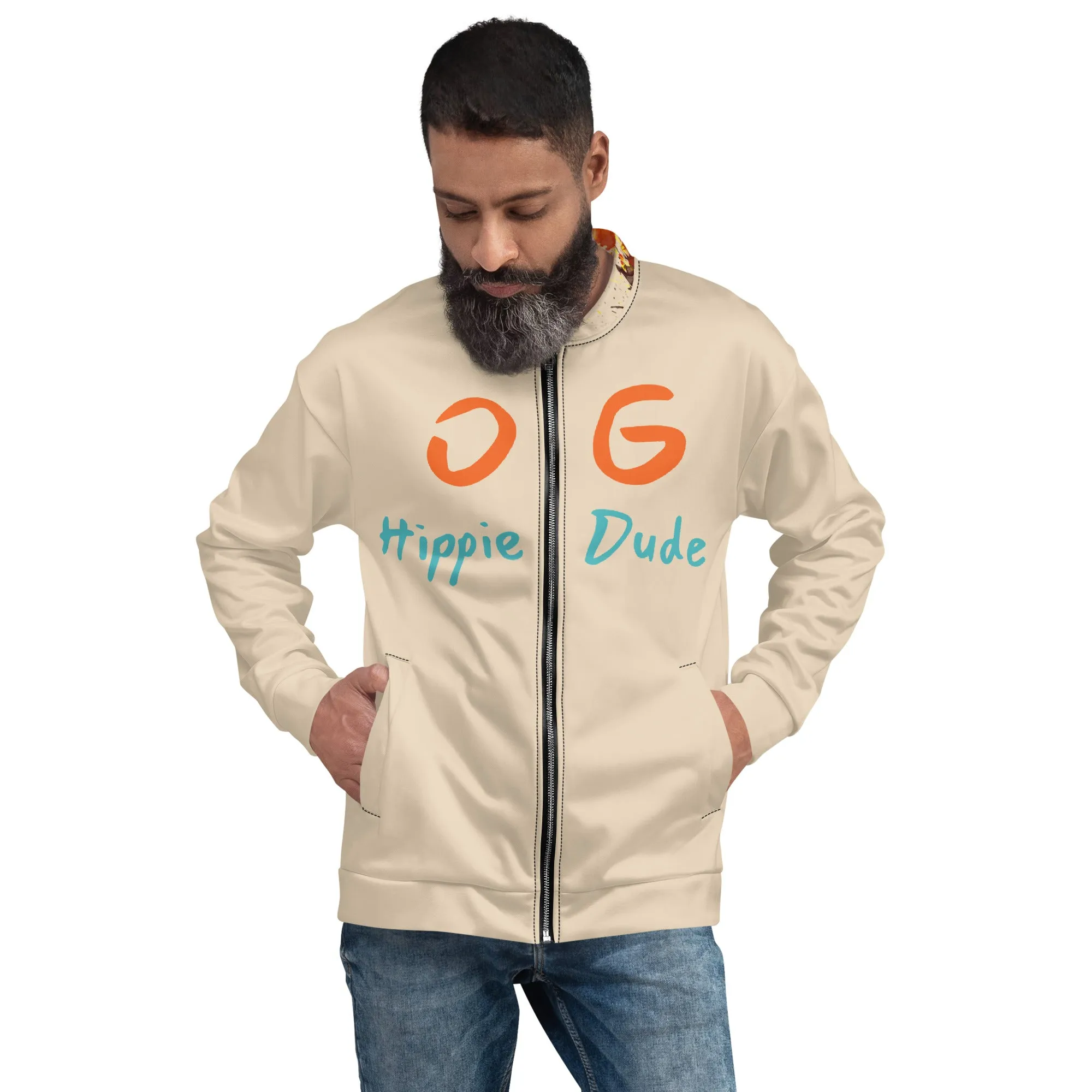 Beige Bomber Jacket - OG Hippie Dude (large Lion on back)