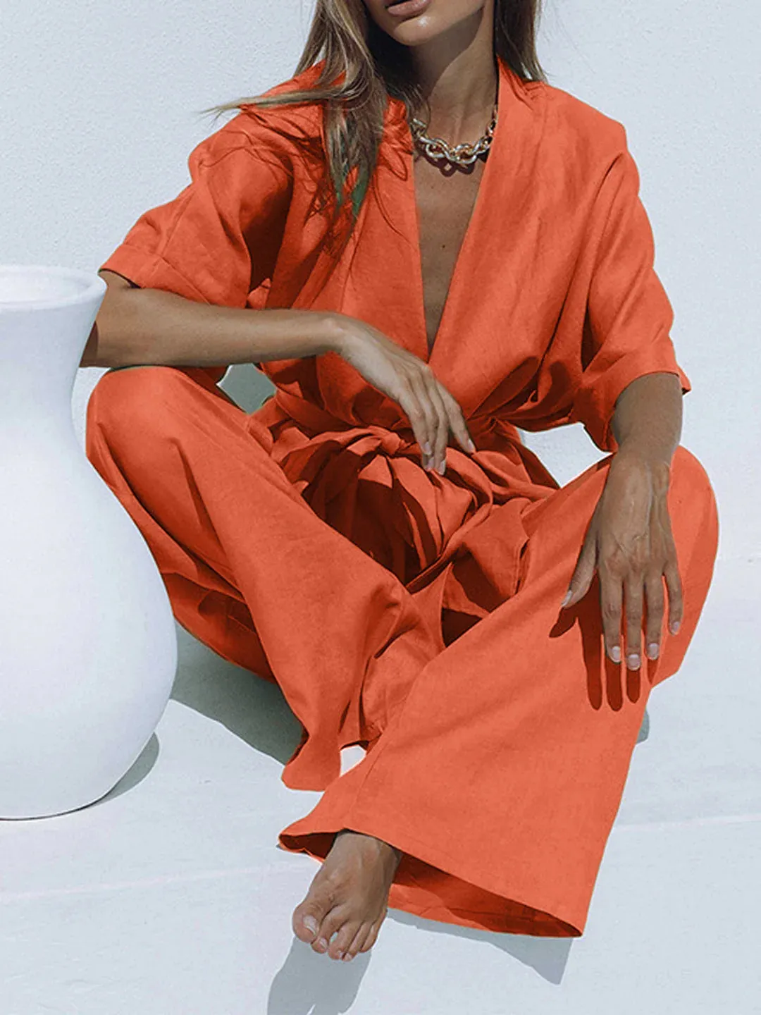 Belt Design Oversized Linen Tied Two Piece Pants Set