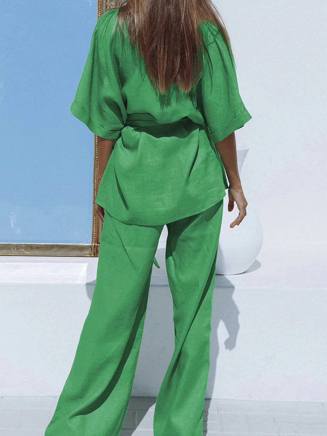Belt Design Oversized Linen Tied Two Piece Pants Set