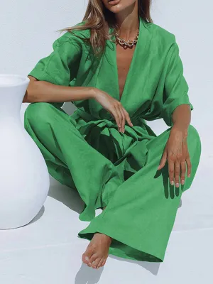 Belt Design Oversized Linen Tied Two Piece Pants Set
