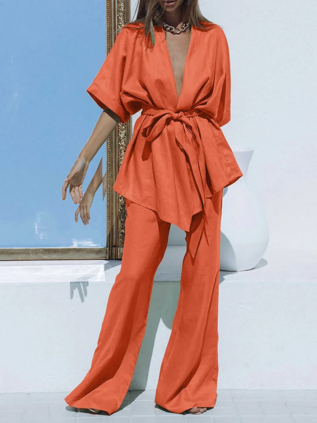 Belt Design Oversized Linen Tied Two Piece Pants Set