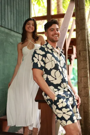 BLACK LINEN PRINTED SHORTS