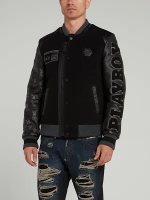 Black Playboy Leather Sleeve Bomber Jacket