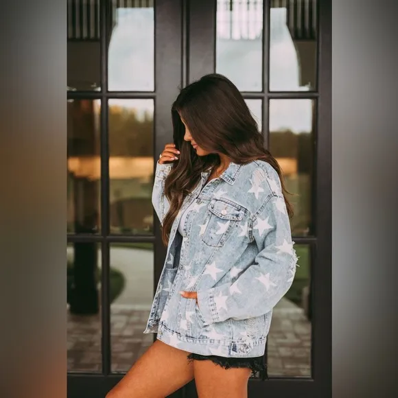 Blue Buttercup Distressed Jean Jacket with Star Detail Worn Look