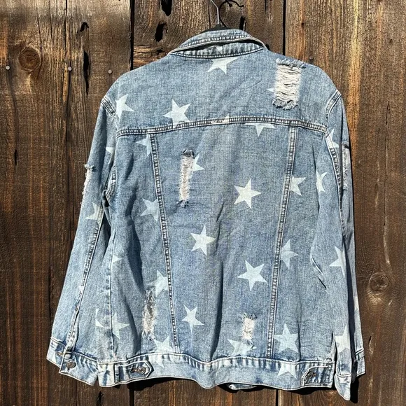 Blue Buttercup Distressed Jean Jacket with Star Detail Worn Look