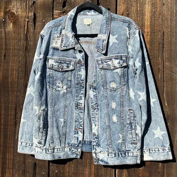 Blue Buttercup Distressed Jean Jacket with Star Detail Worn Look