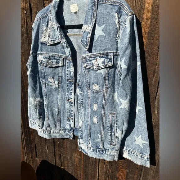 Blue Buttercup Distressed Jean Jacket with Star Detail Worn Look