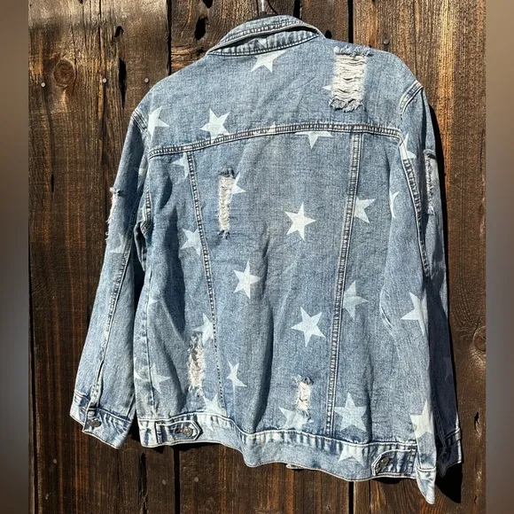 Blue Buttercup Distressed Jean Jacket with Star Detail Worn Look