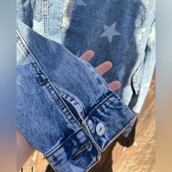 Blue Buttercup Distressed Jean Jacket with Star Detail Worn Look