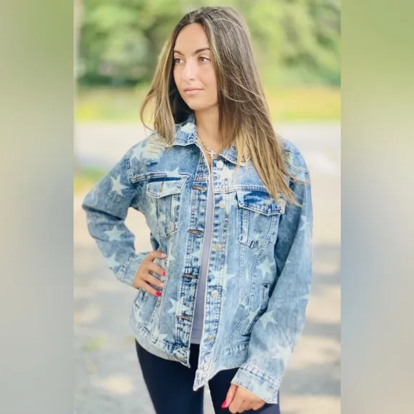Blue Buttercup Distressed Jean Jacket with Star Detail Worn Look