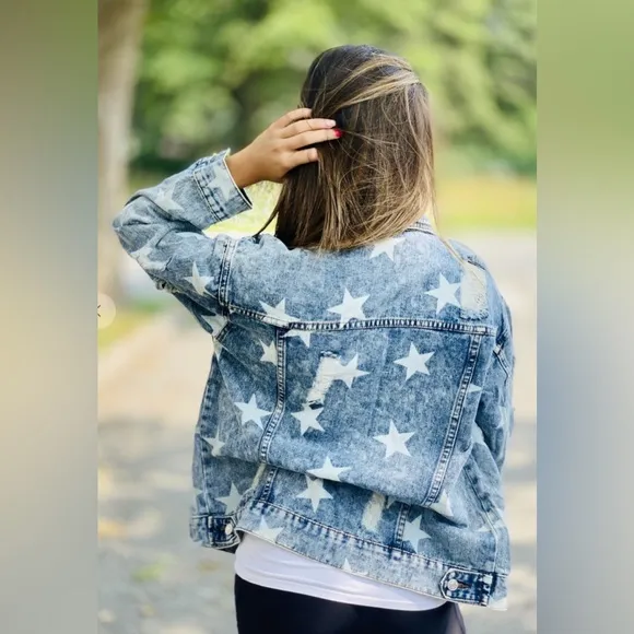 Blue Buttercup Distressed Jean Jacket with Star Detail Worn Look