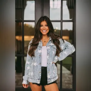 Blue Buttercup Distressed Jean Jacket with Star Detail Worn Look