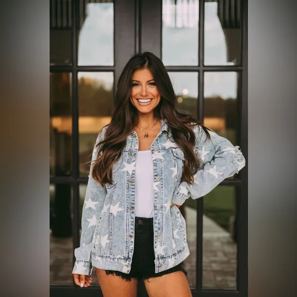 Blue Buttercup Distressed Jean Jacket with Star Detail Worn Look