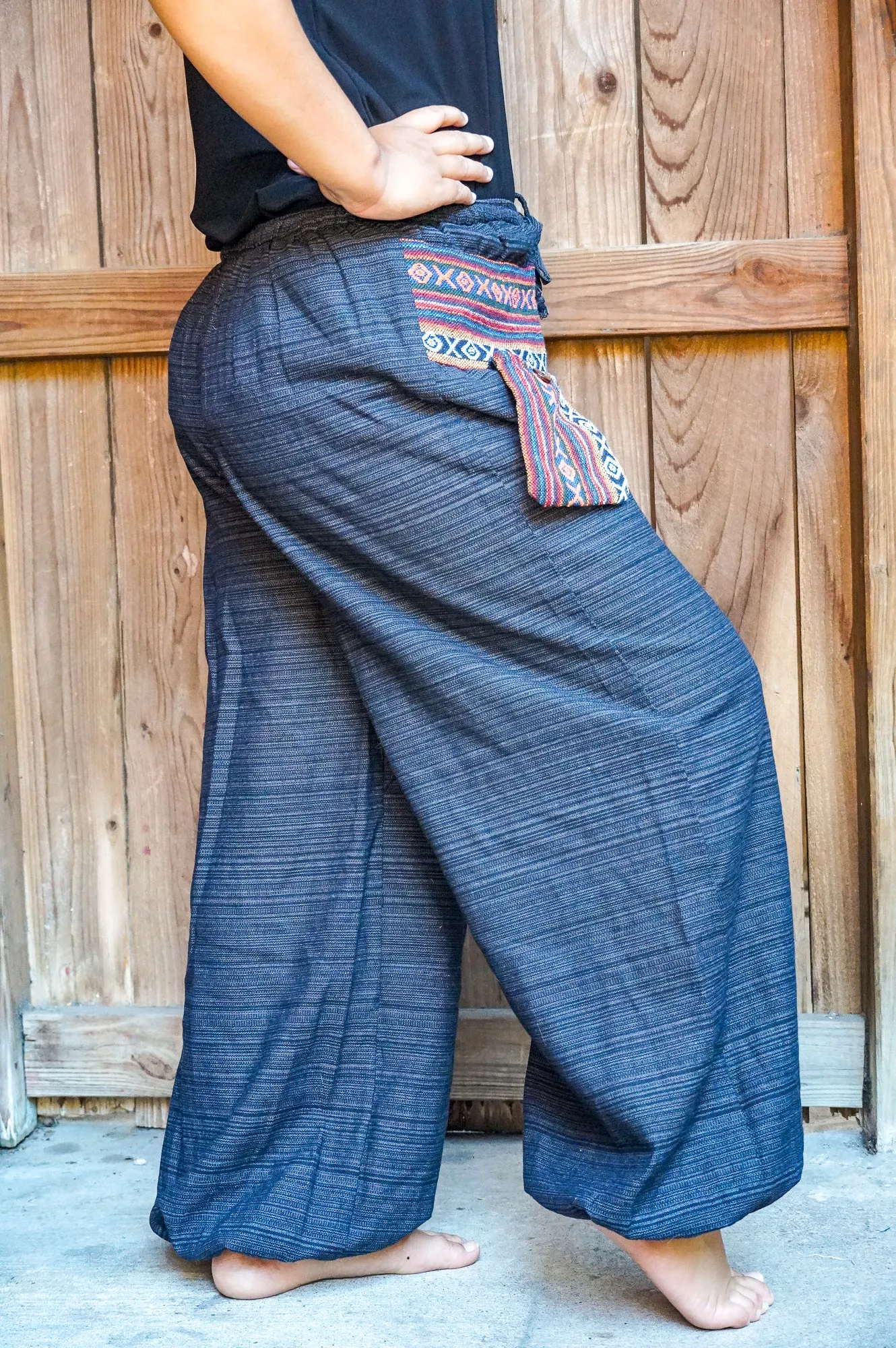 Bohemian Drawstring Slubbed Harem Pants- Gray/Red Multi