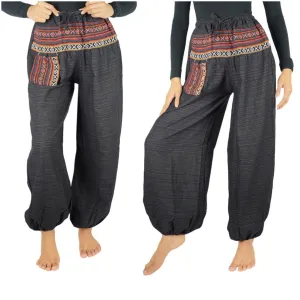 Bohemian Drawstring Slubbed Harem Pants- Gray/Red Multi