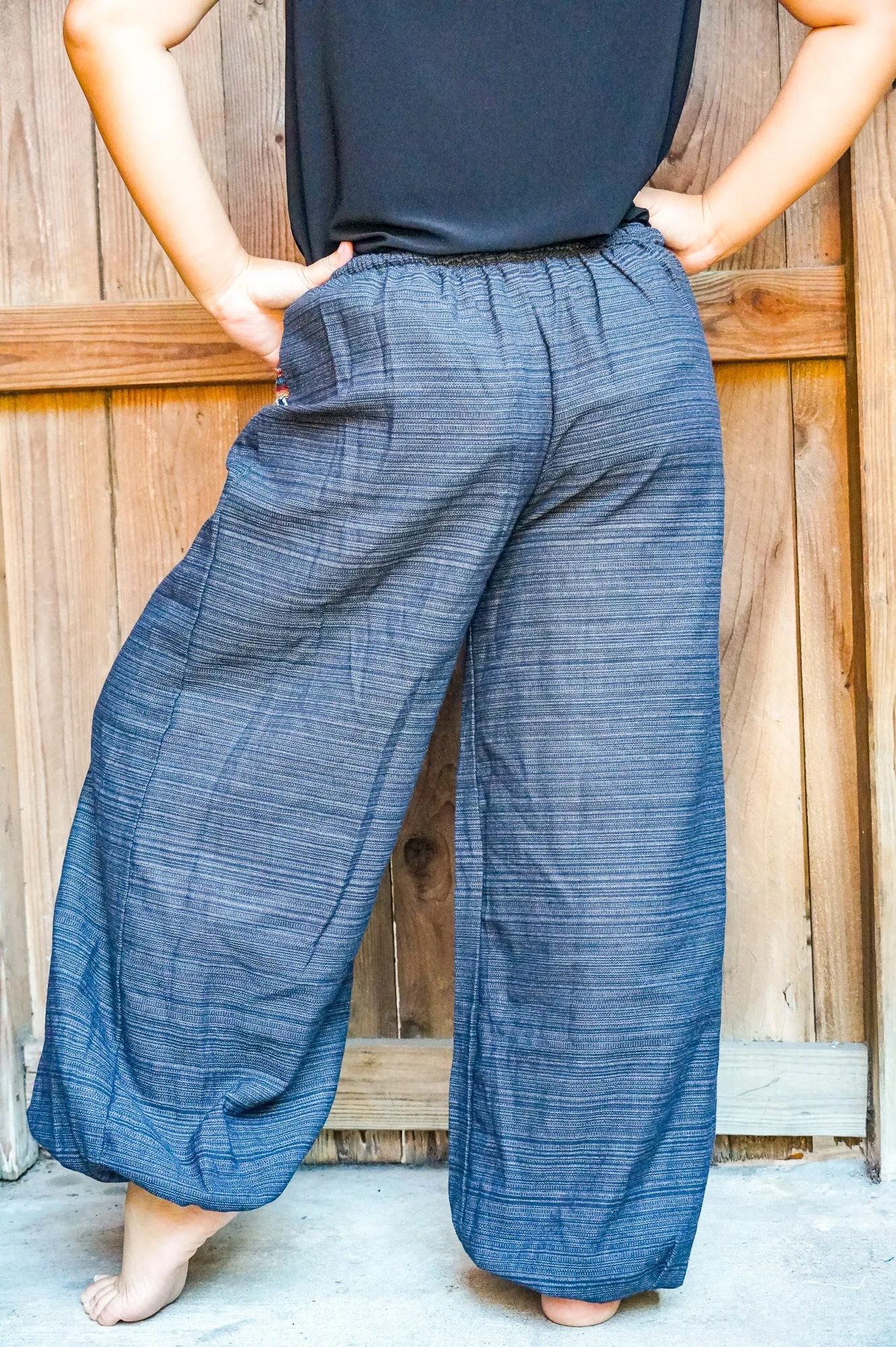 Bohemian Drawstring Slubbed Harem Pants- Gray/Red Multi