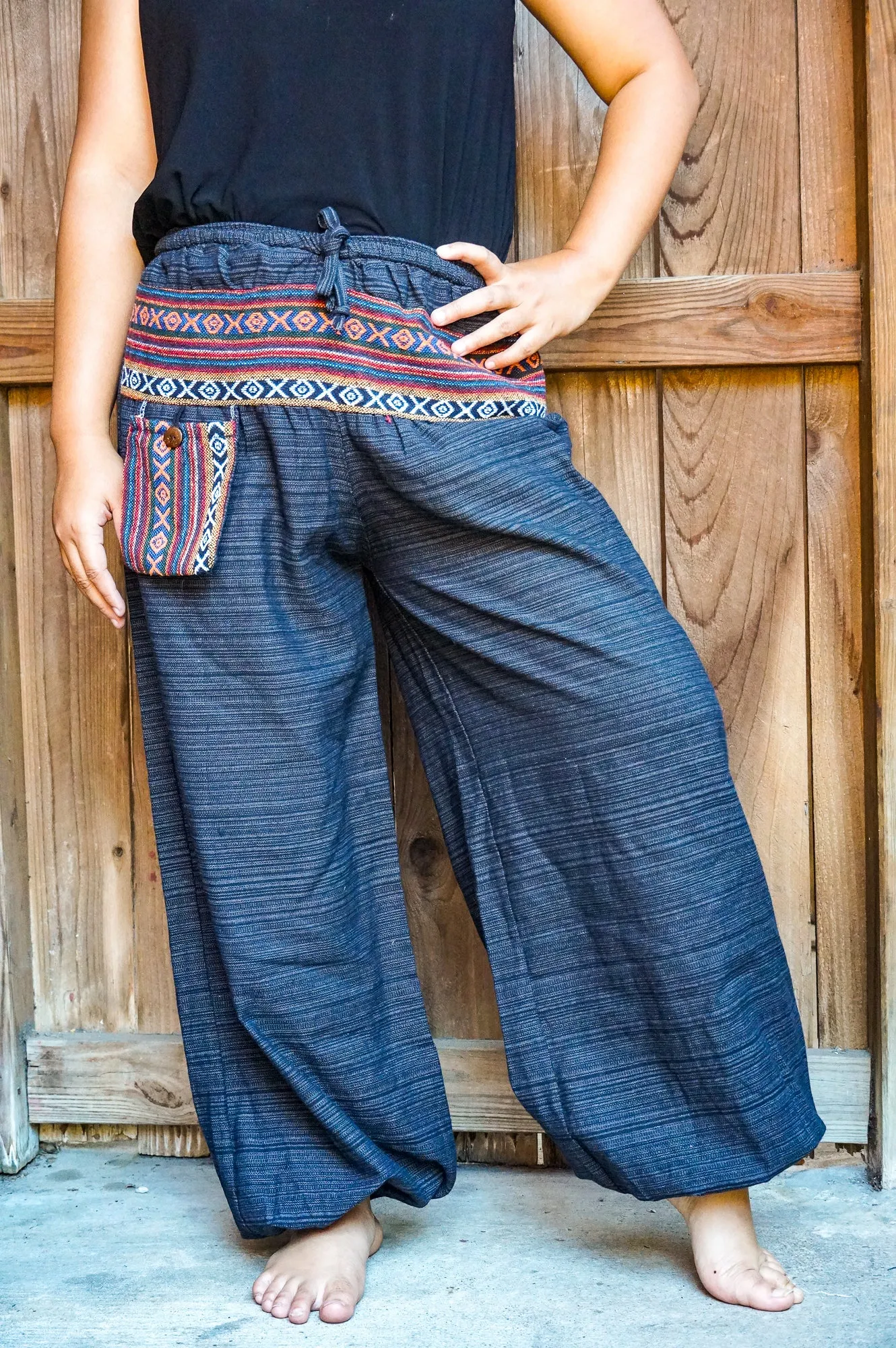 Bohemian Drawstring Slubbed Harem Pants- Gray/Red Multi