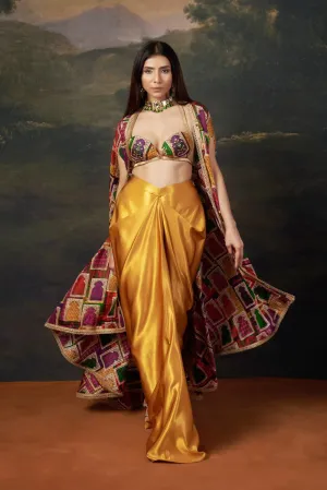 Bold Bralette Blouse with Embellished Handwork, Cape & Dhoti Set