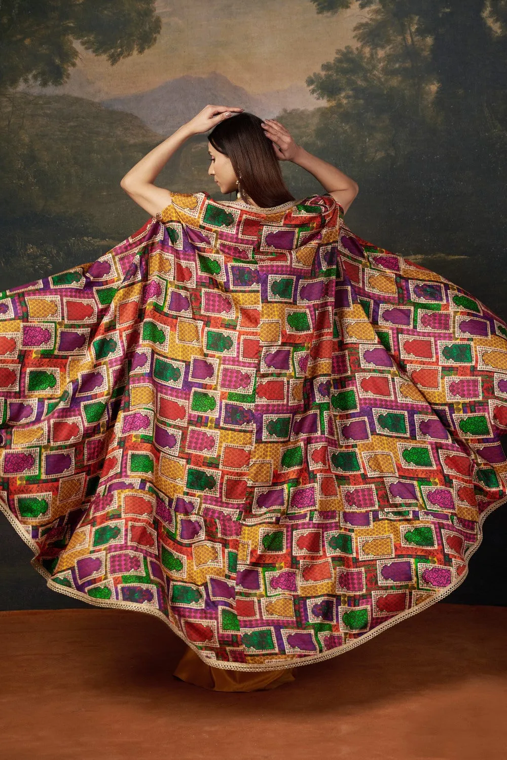 Bold Bralette Blouse with Embellished Handwork, Cape & Dhoti Set