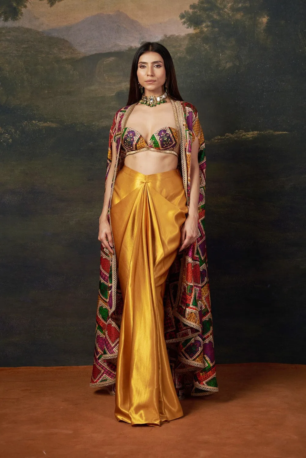 Bold Bralette Blouse with Embellished Handwork, Cape & Dhoti Set