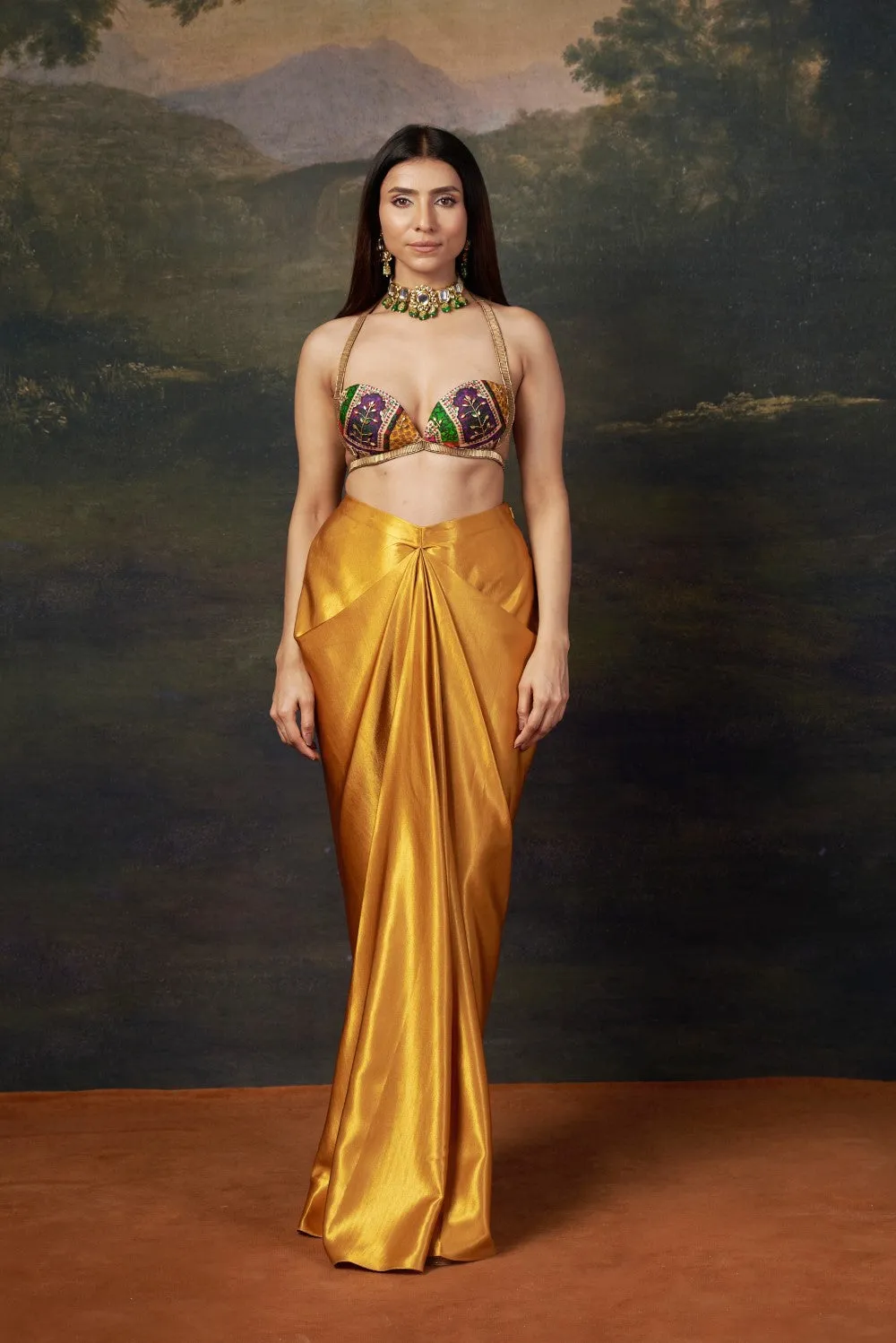 Bold Bralette Blouse with Embellished Handwork, Cape & Dhoti Set