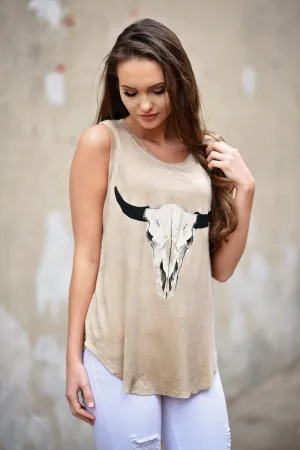 Brokedown Cow Skull Tee ~ Taupe