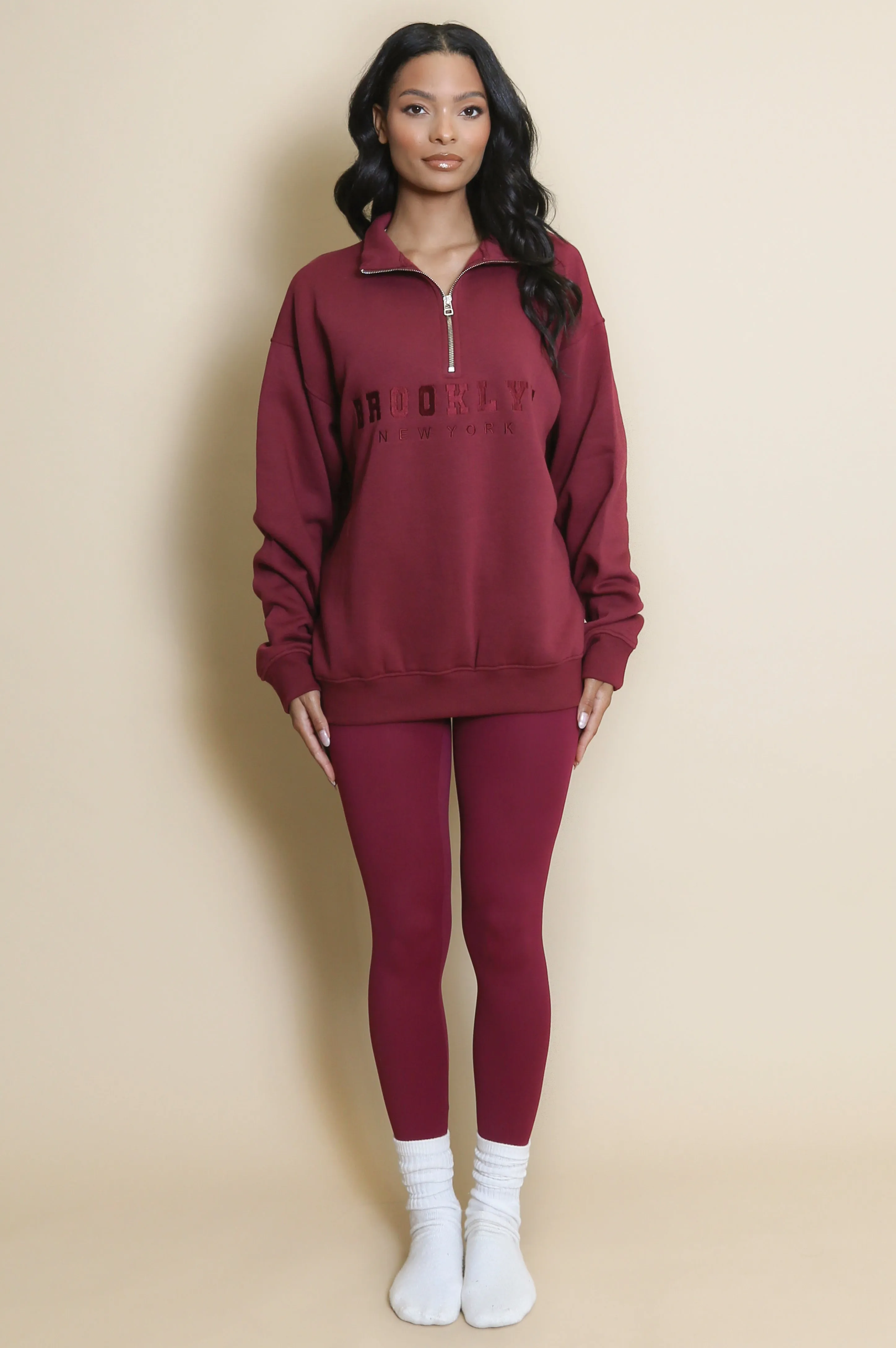 Brooklyn Half Zip Relaxed Fit Sweatshirt in Burgundy