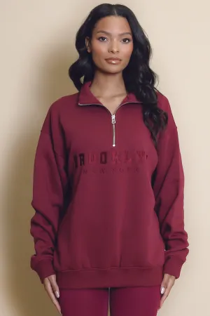 Brooklyn Half Zip Relaxed Fit Sweatshirt in Burgundy