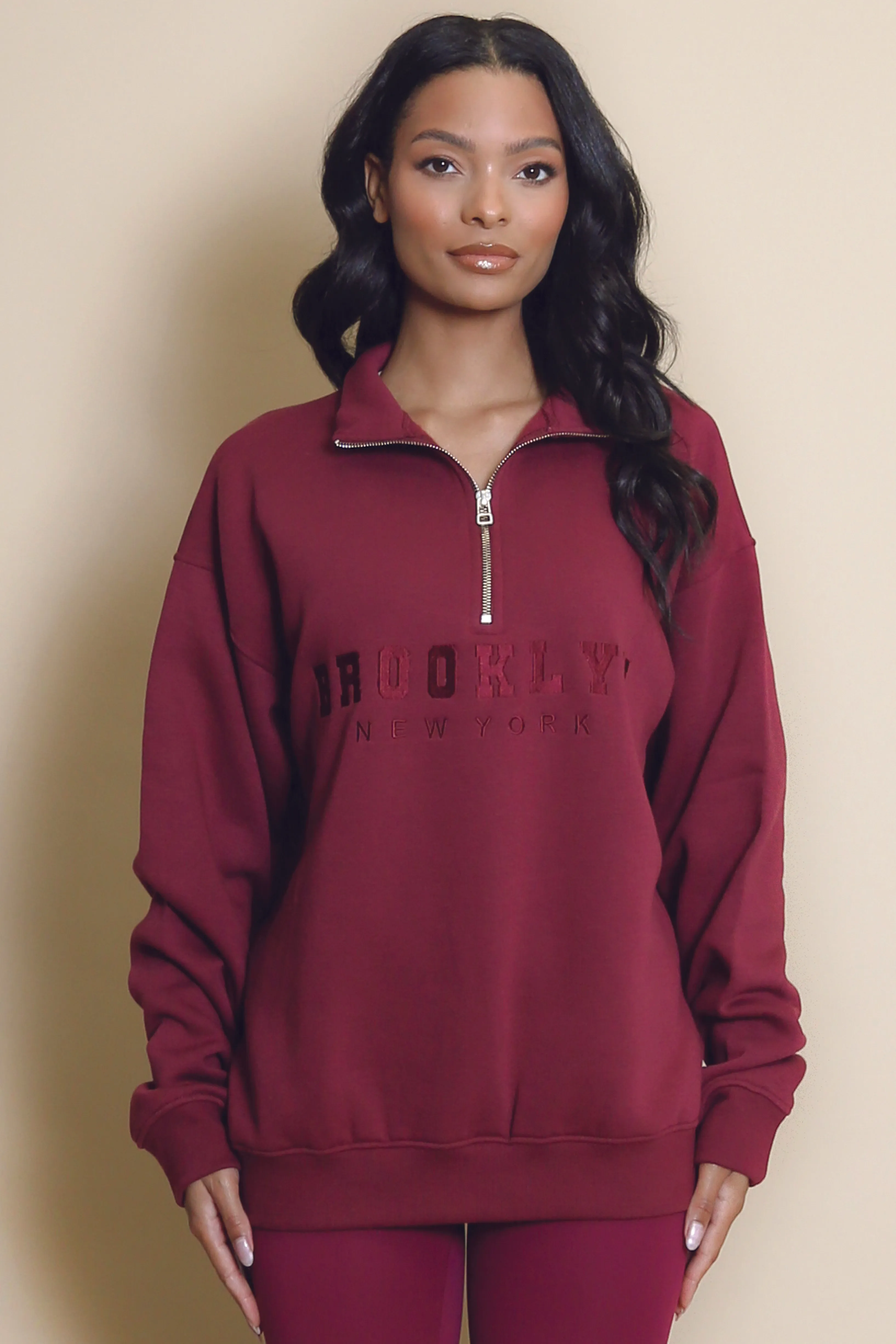 Brooklyn Half Zip Relaxed Fit Sweatshirt in Burgundy