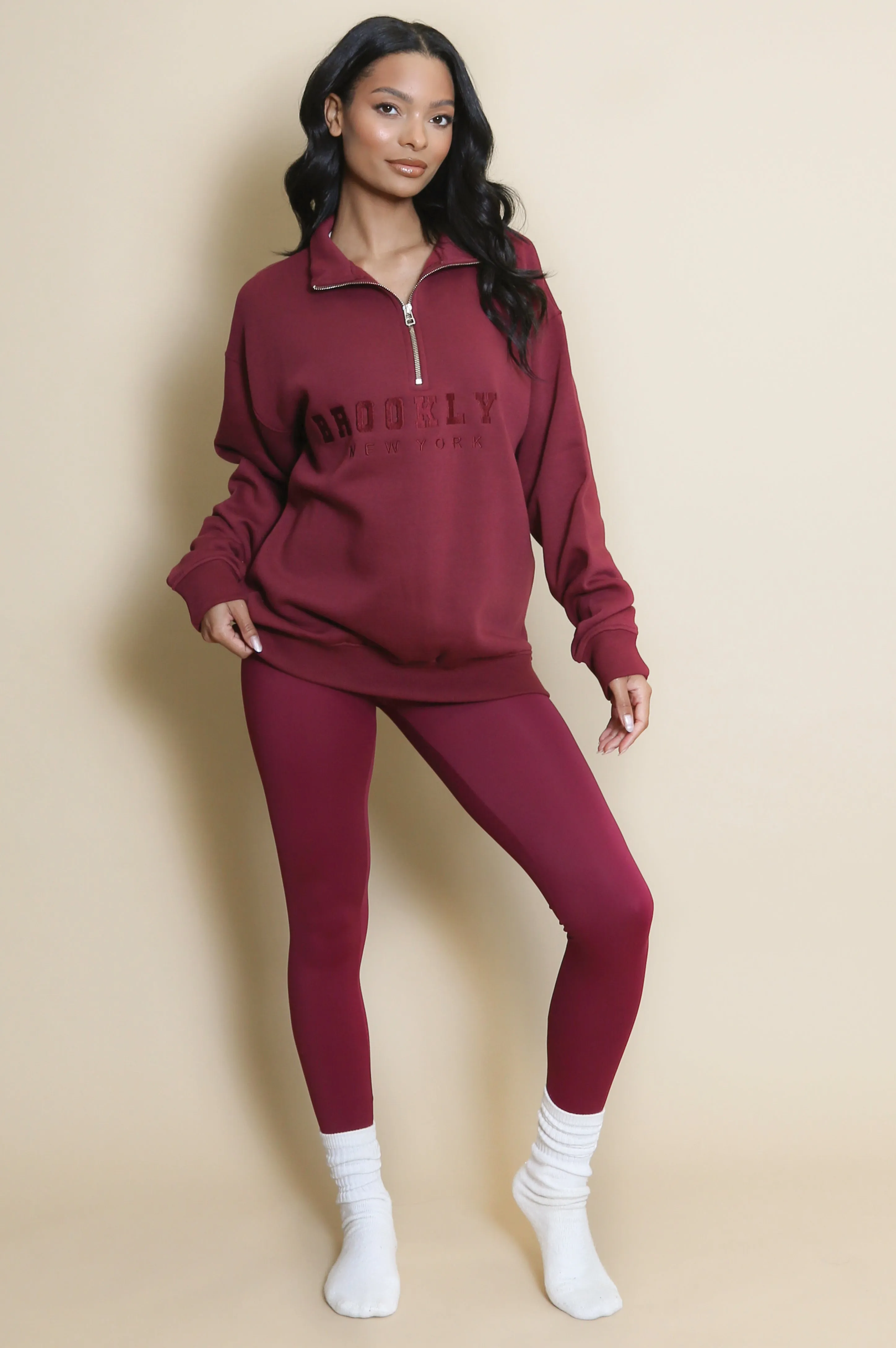 Brooklyn Half Zip Relaxed Fit Sweatshirt in Burgundy