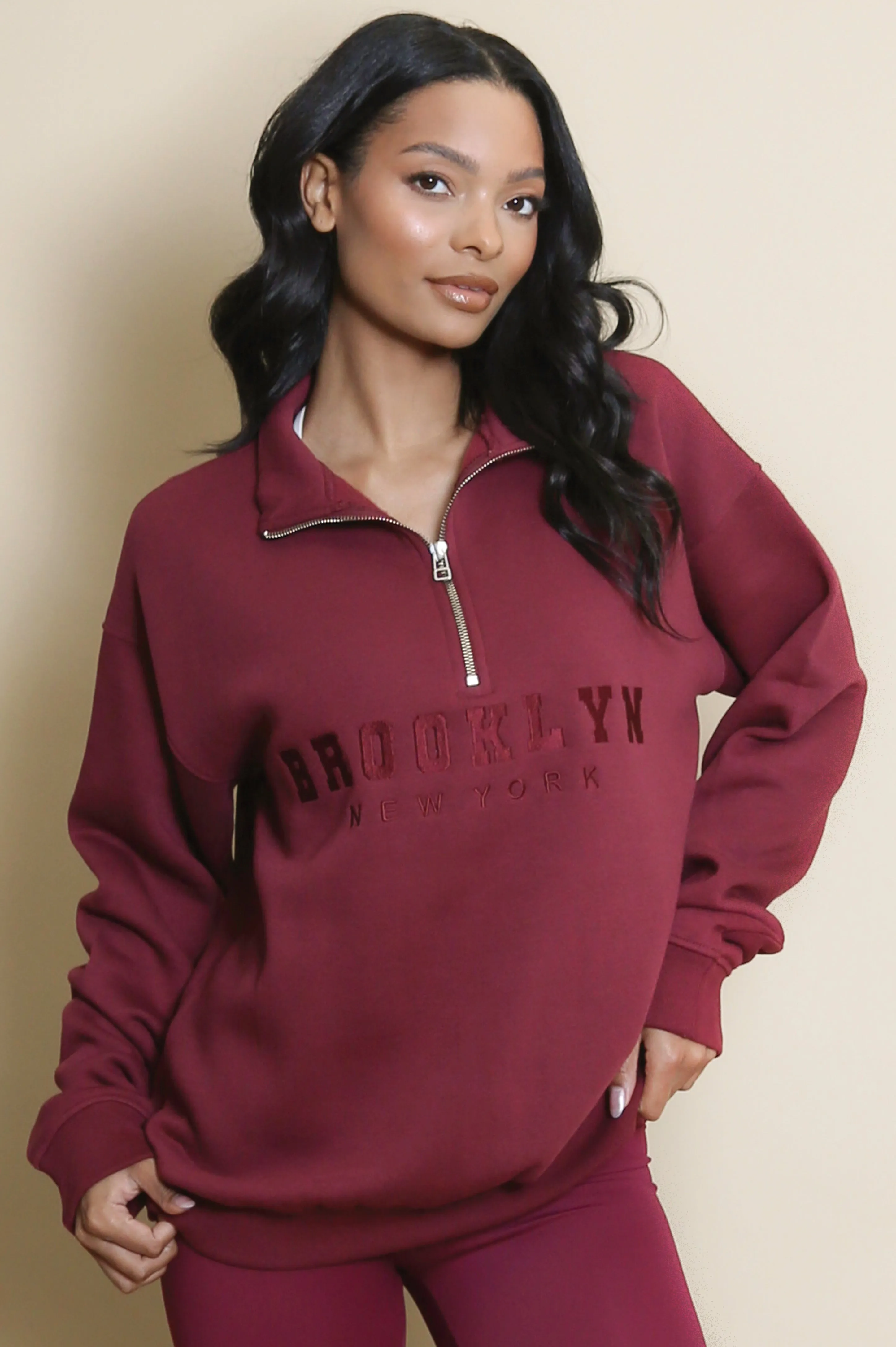 Brooklyn Half Zip Relaxed Fit Sweatshirt in Burgundy