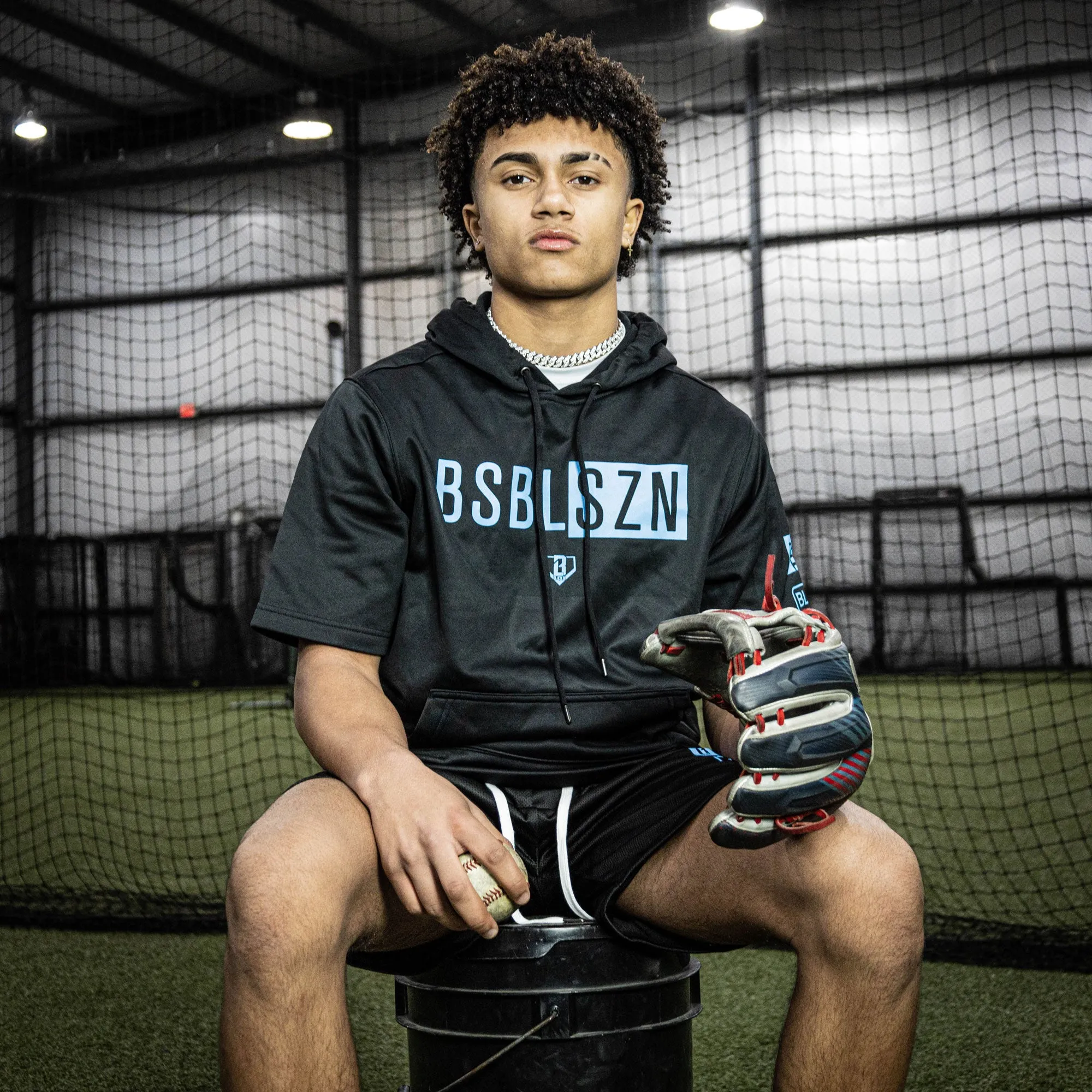 BSBL-SZN Short Sleeve Hoodie V2 - Black/Light Blue